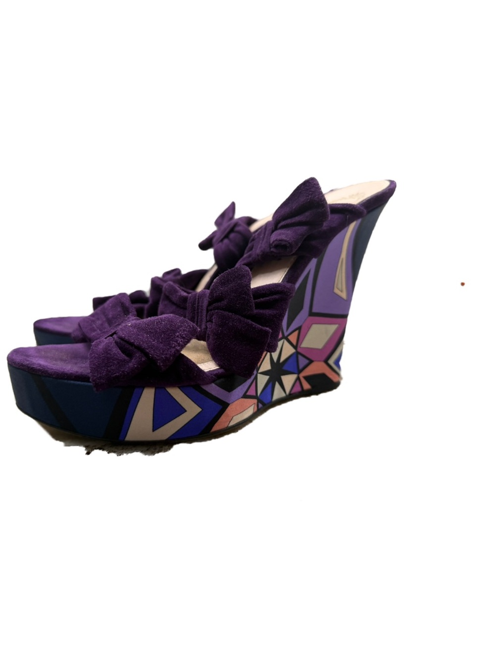 Emilio Pucci Purple Bow Suede Wedge Sandals with Geometric Print Platform